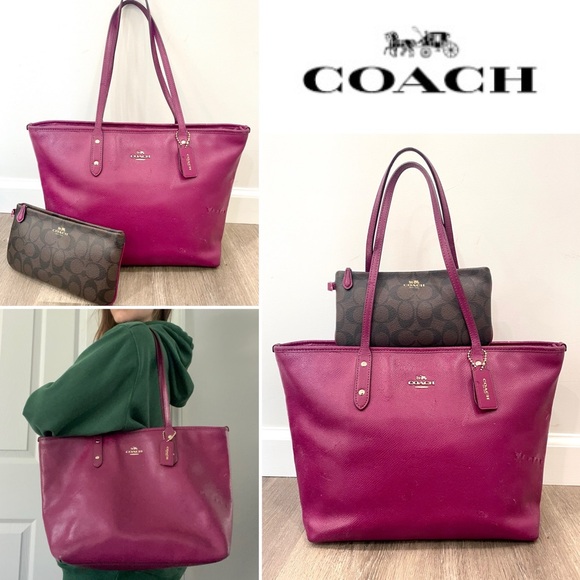 COACH✨Dahlia Purple & Gold Cross Grain Leather City Zip Tote & Wallet - Picture 2 of 16